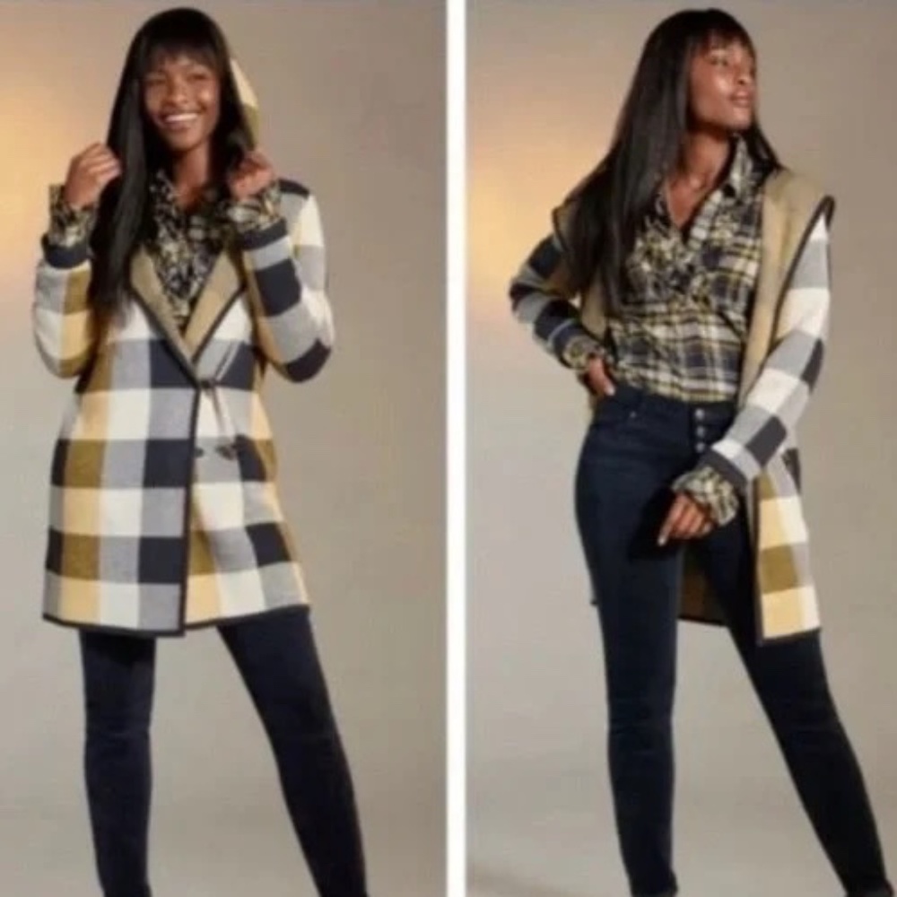 Cabi Long Sweater Coat in Buffalo Check with Hood, Women's Size M